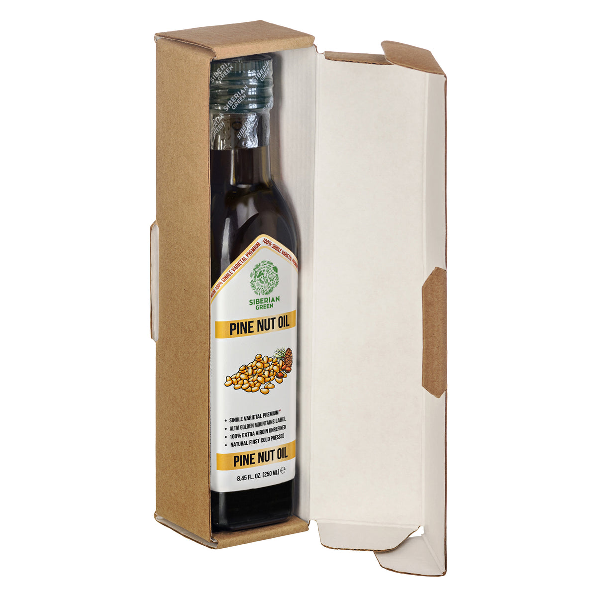 Siberian Green Organic Pine Nut Oil - Pressée à froid - Bouteille en verre de 250ml