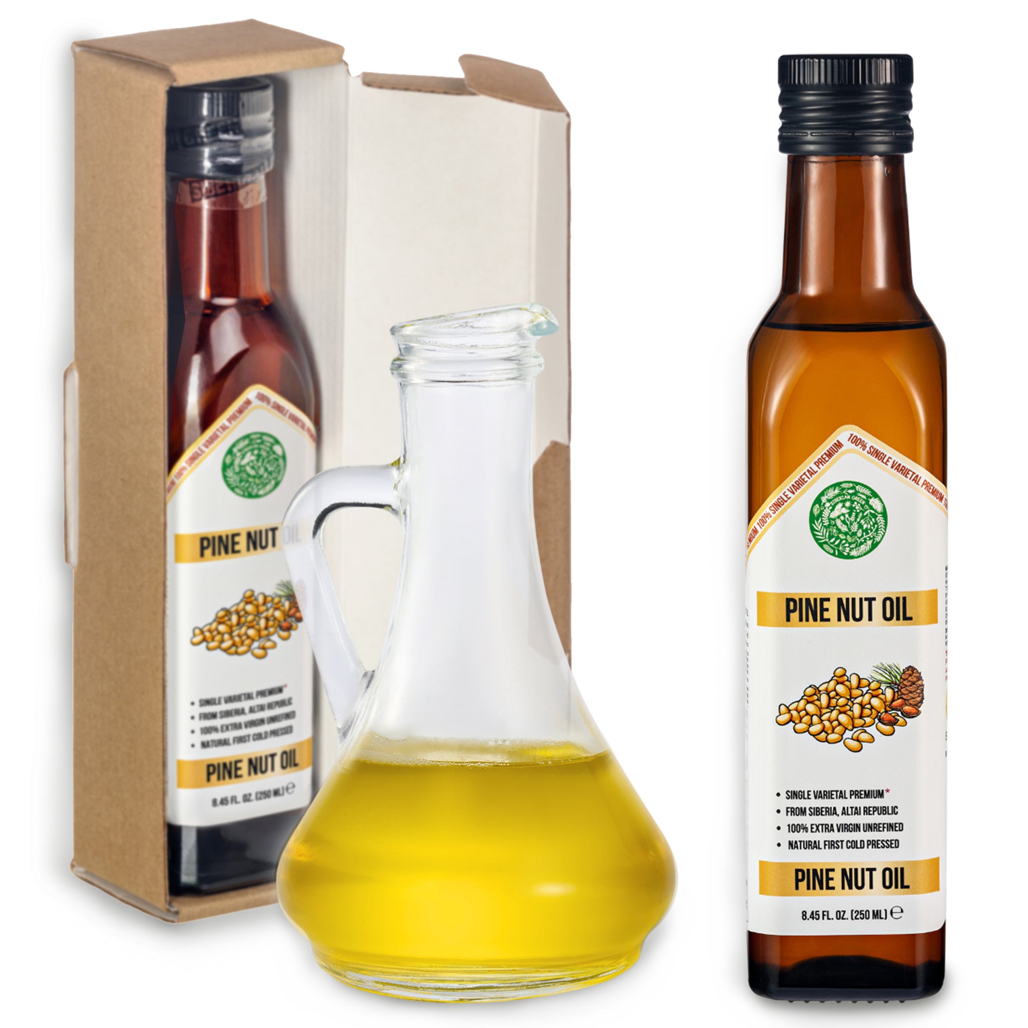 Siberian Green Organic Pine Nut Oil - Pressée à froid - Bouteille en verre de 250ml