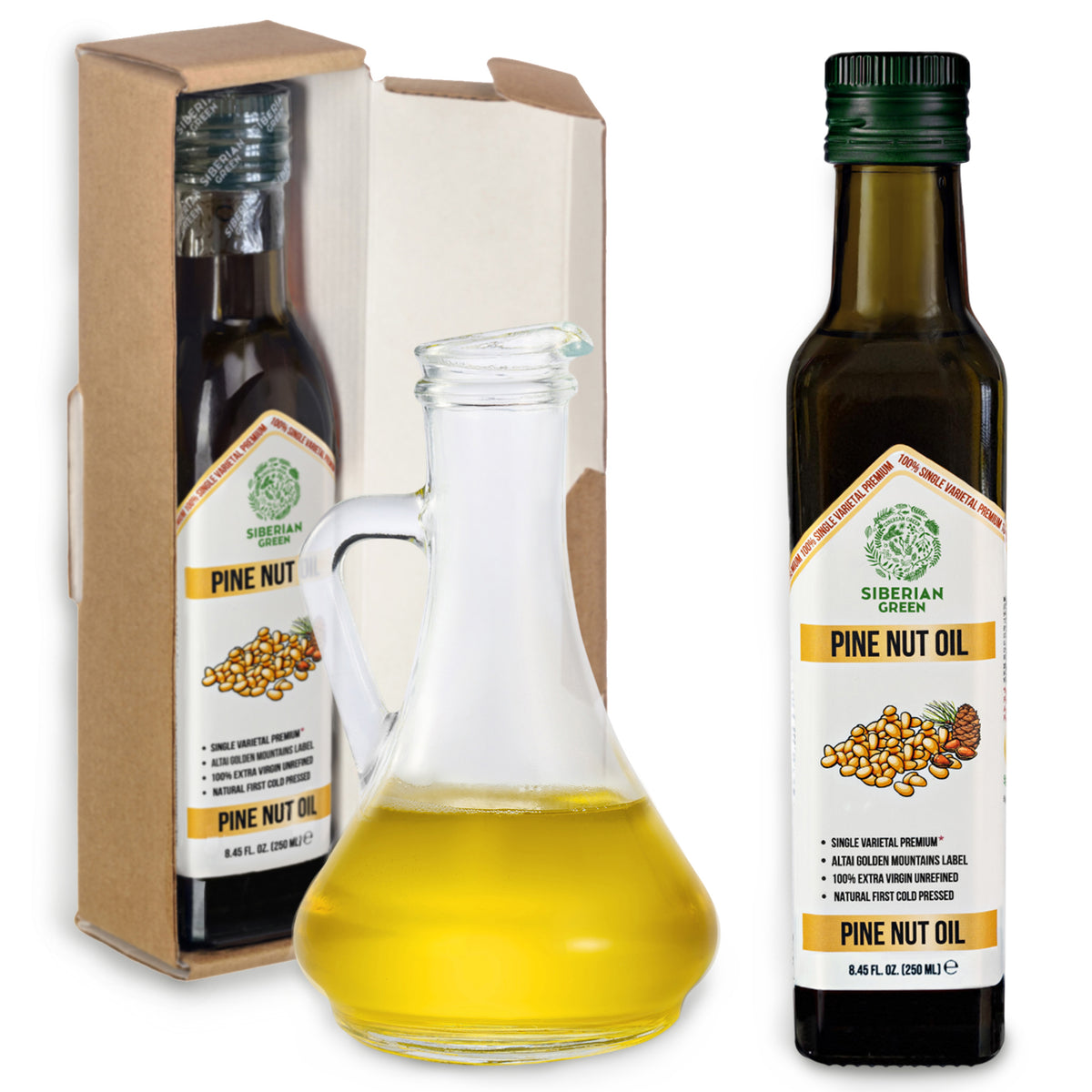 Siberian Green Organic Pine Nut Oil - Pressée à froid - Bouteille en verre de 250ml