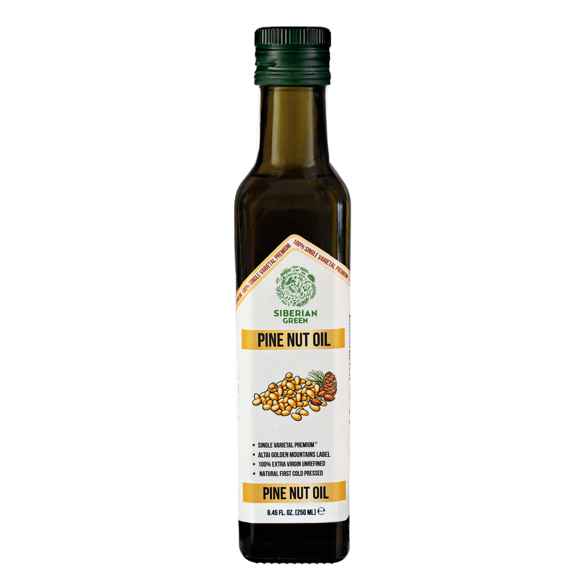 Siberian Green Organic Pine Nut Oil - Pressée à froid - Bouteille en verre de 250ml