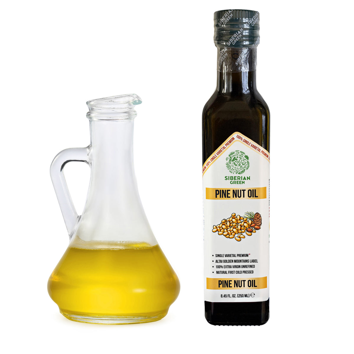 Siberian Green Organic Pine Nut Oil - Pressée à froid - Bouteille en verre de 250ml