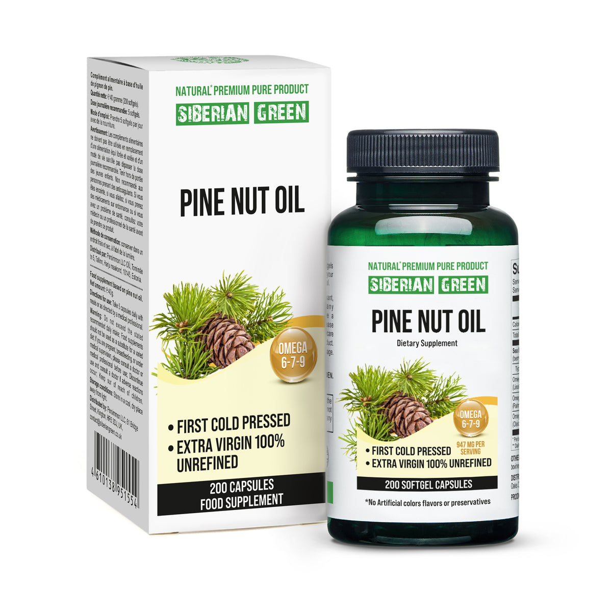 Siberian Pine Nut Oil Capsules - 200 Softgels | Récolté à l'état sauvage et pressé à froid