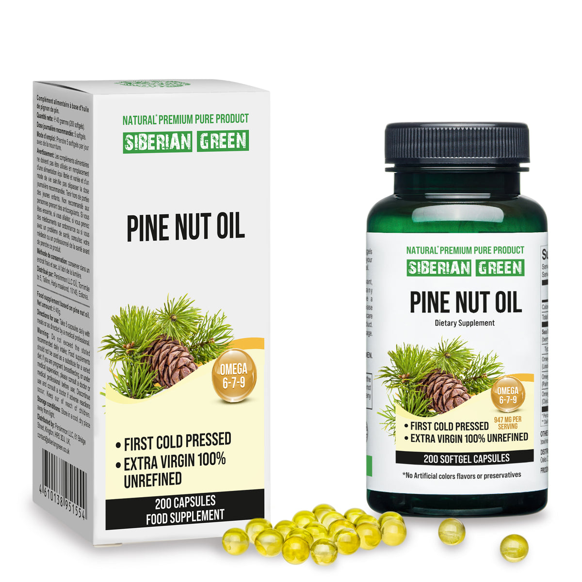Siberian Pine Nut Oil Capsules - 200 Softgels | Récolté à l'état sauvage et pressé à froid
