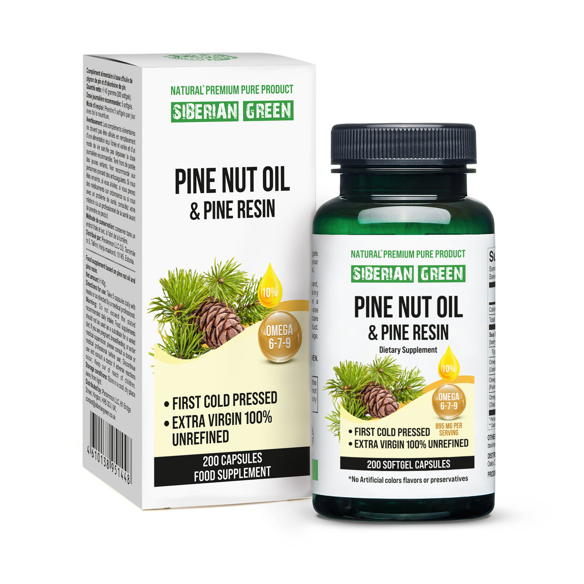 Capsules d'huile de noix de pin de Sibérie avec résine de pin - 200 capsules molles