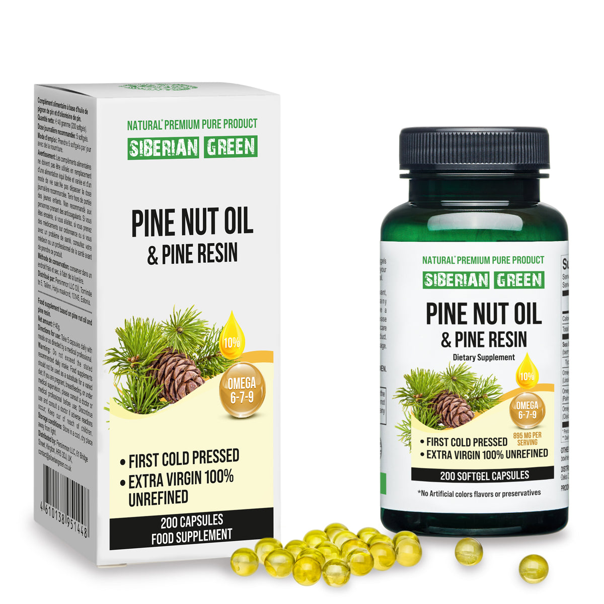 Capsules d'huile de noix de pin de Sibérie avec résine de pin - 200 capsules molles