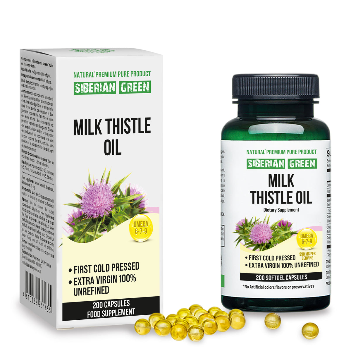Siberian Green Milk Thistle Oil Capsules - 200 Softgels | Pressée à froid et non raffinée