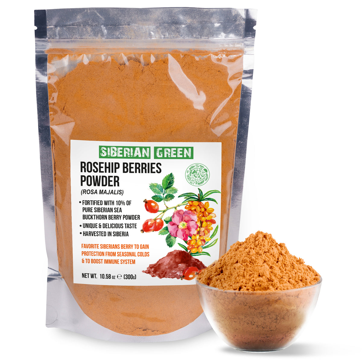 Siberian Green Wild Rose Hip & Sea Buckthorn Powder - 300g (10.58 oz)