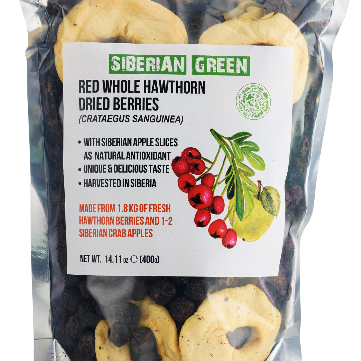 Baies d'aubépine rouge sauvage avec pomme de Sibérie - 400g (Crataegus Sanguinea)