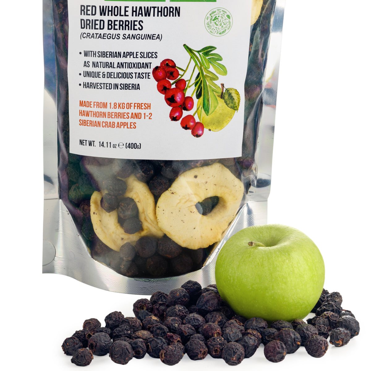 Baies d'aubépine rouge sauvage avec pomme de Sibérie - 400g (Crataegus Sanguinea)