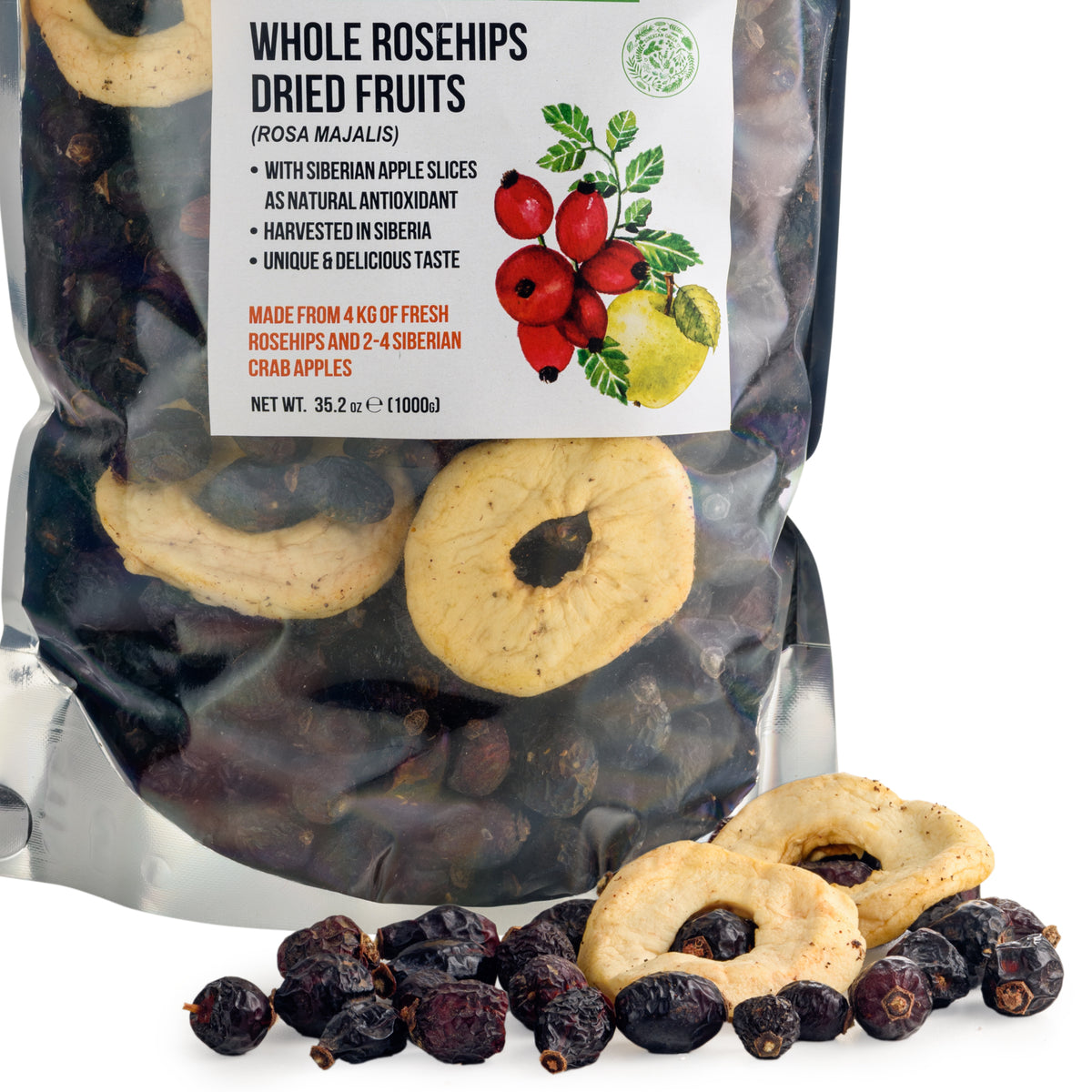 Rose musquée séchée de Sibérie Graines entières avec tranches de pomme - 1 kg | Produit entièrement naturel à base de nutriments préservés