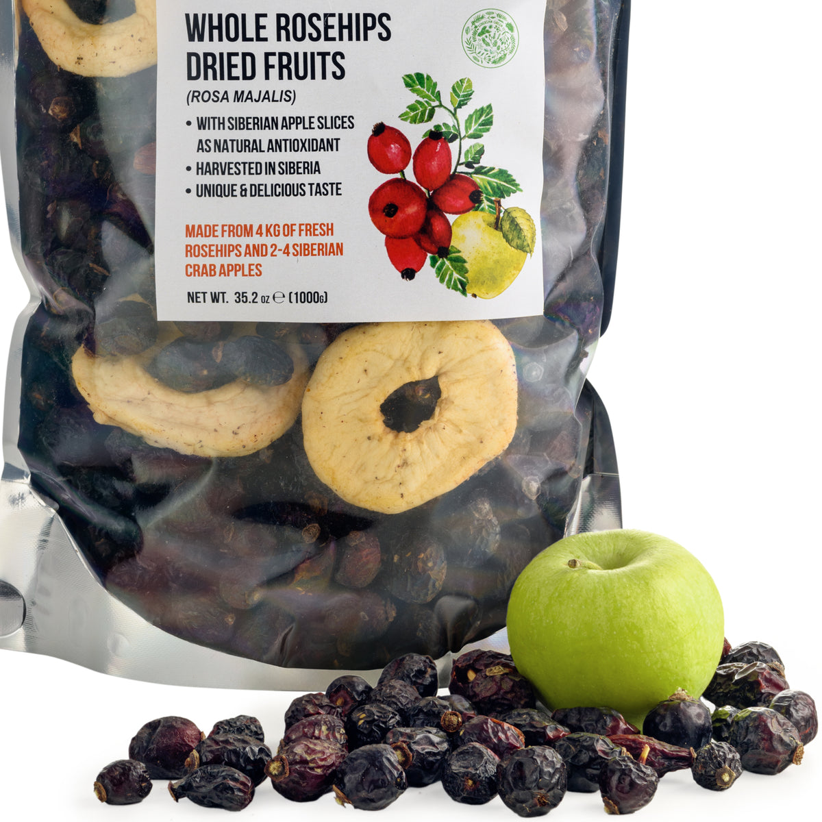 Rose musquée séchée de Sibérie Graines entières avec tranches de pomme - 1 kg | Produit entièrement naturel à base de nutriments préservés