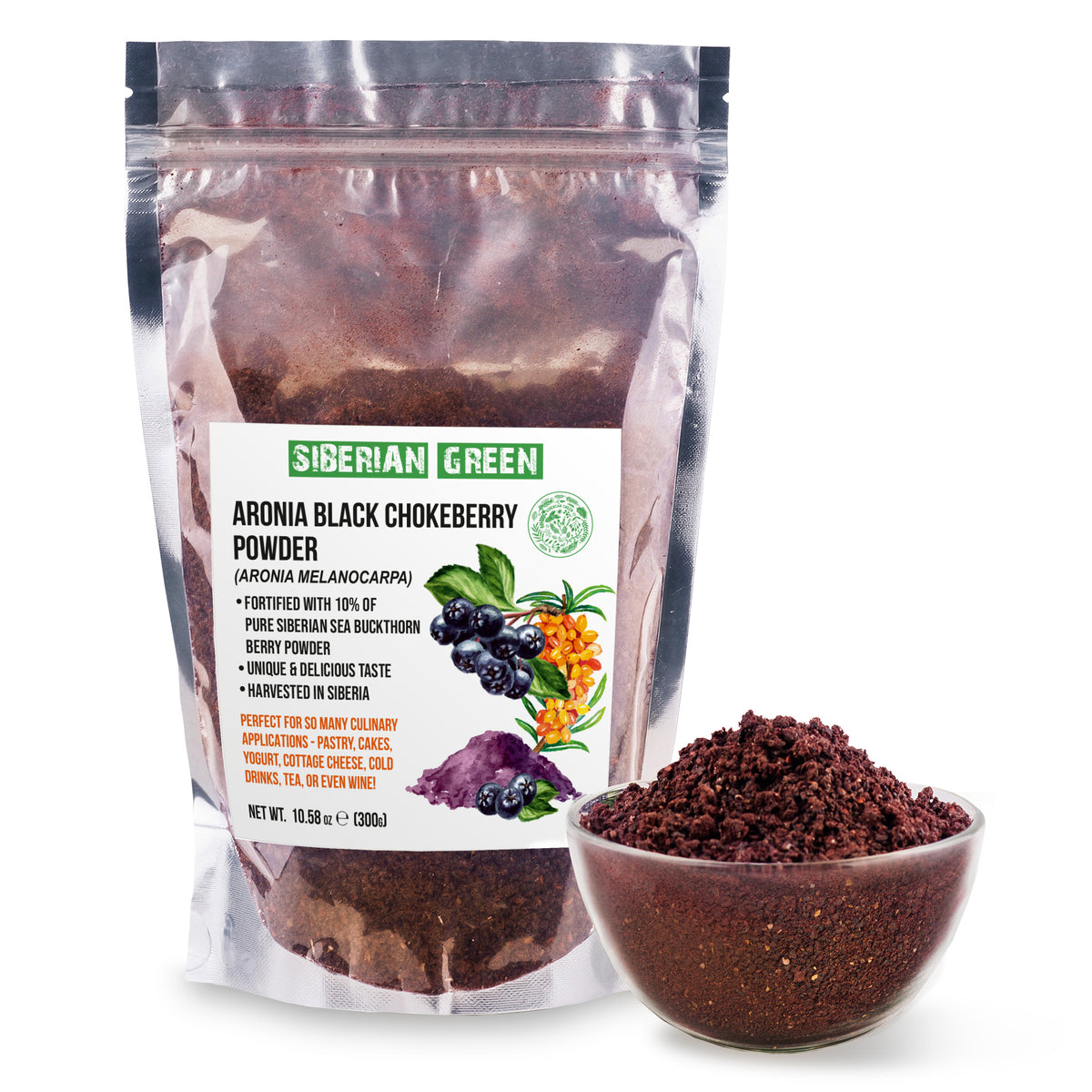 Premium Wild-Harvested Aronia Powder Fortified with Sea Buckthorn (poudre d'aronia récoltée à l'état sauvage et enrichie d'argousier) - 300g