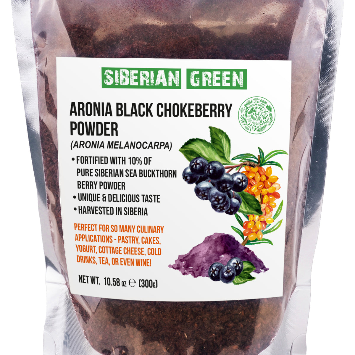 Premium Wild-Harvested Aronia Powder Fortified with Sea Buckthorn (poudre d'aronia récoltée à l'état sauvage et enrichie d'argousier) - 300g
