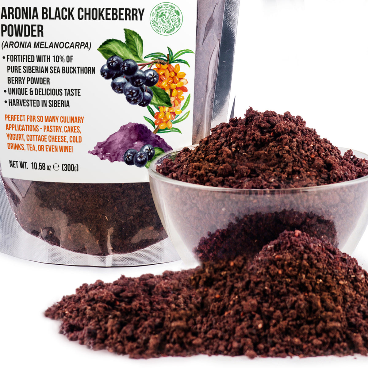Premium Wild-Harvested Aronia Powder Fortified with Sea Buckthorn (poudre d'aronia récoltée à l'état sauvage et enrichie d'argousier) - 300g