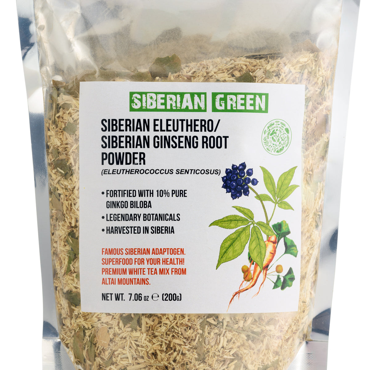 Ginseng sibérien en poudre avec Ginkgo Biloba - 200g | Racine d'éleuthéro 100 % naturelle de la taïga de l'Altaï