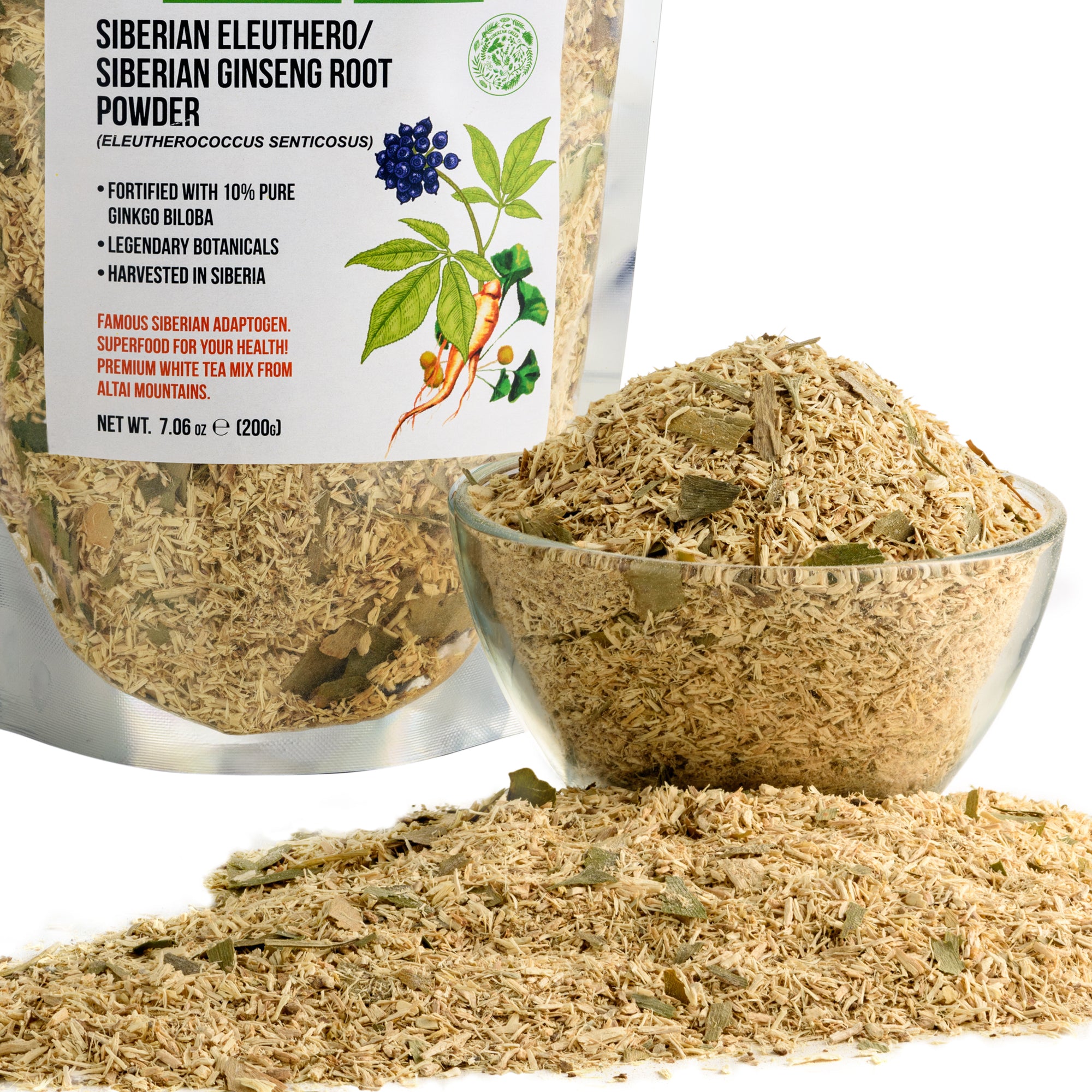 Ginseng sibérien en poudre avec Ginkgo Biloba - 200g | Racine d'éleuthéro 100 % naturelle de la taïga de l'Altaï