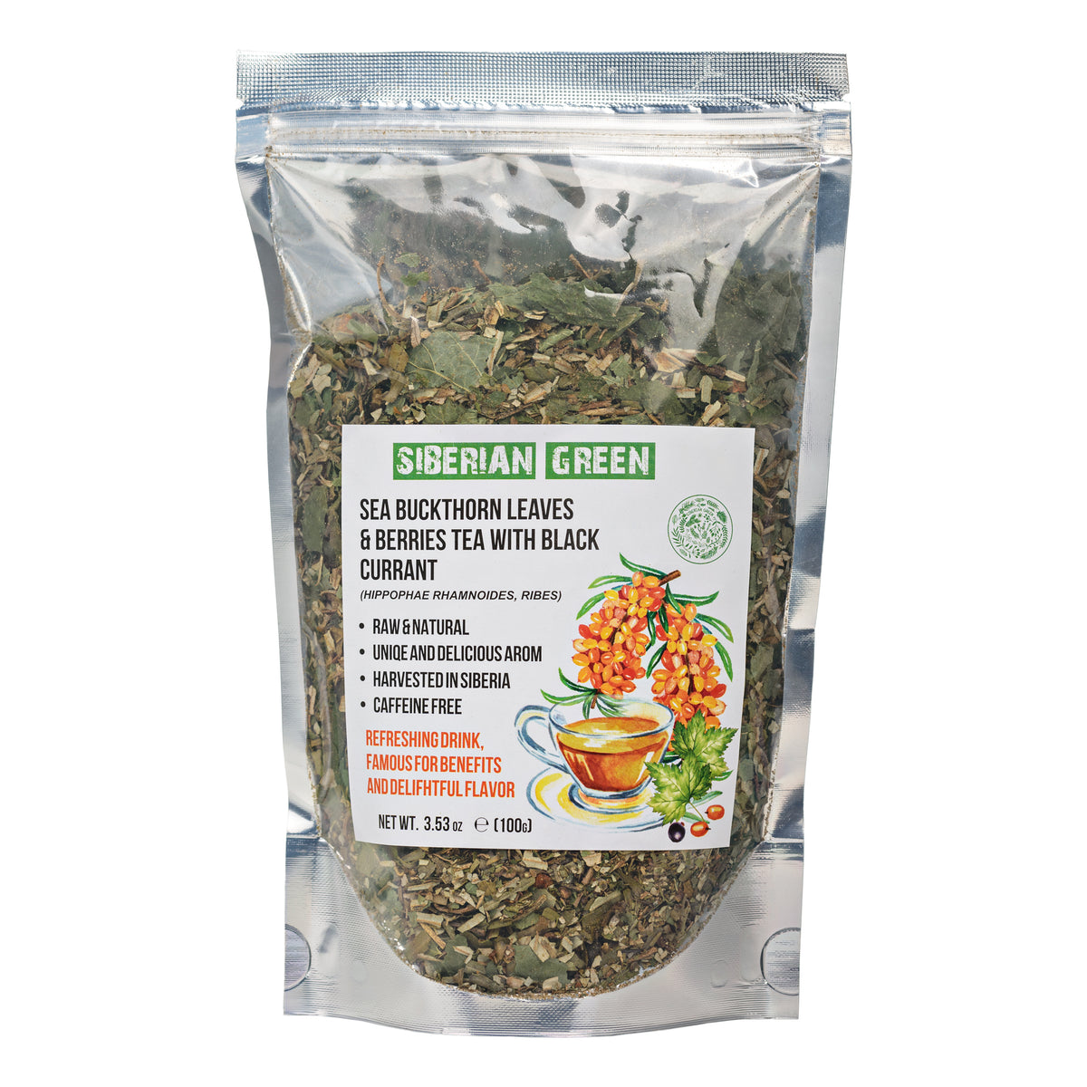 Thé vert sibérien à l'argousier et aux feuilles de cassis - 100g Mélange d'herbes séchées au soleil