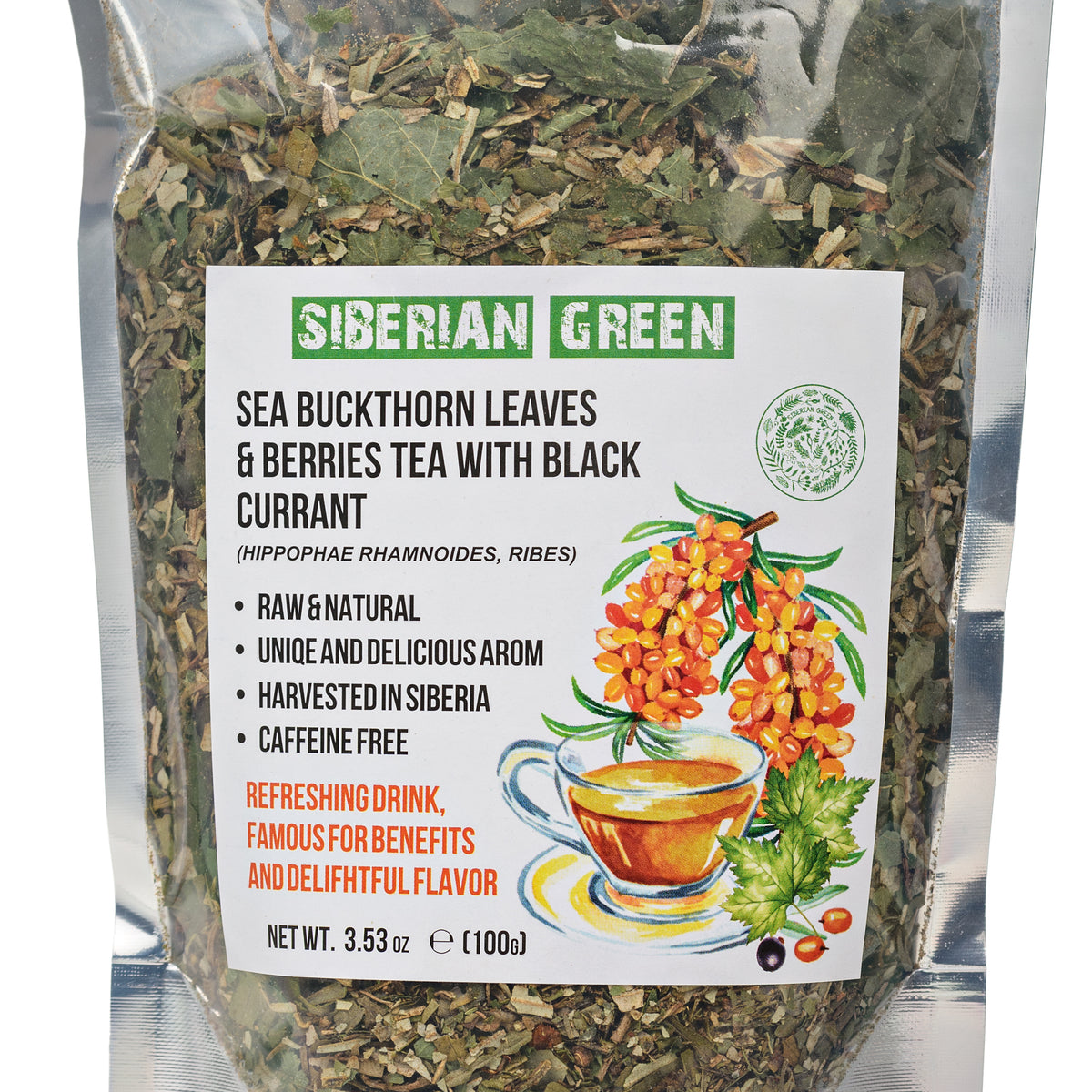 Thé vert sibérien à l'argousier et aux feuilles de cassis - 100g Mélange d'herbes séchées au soleil