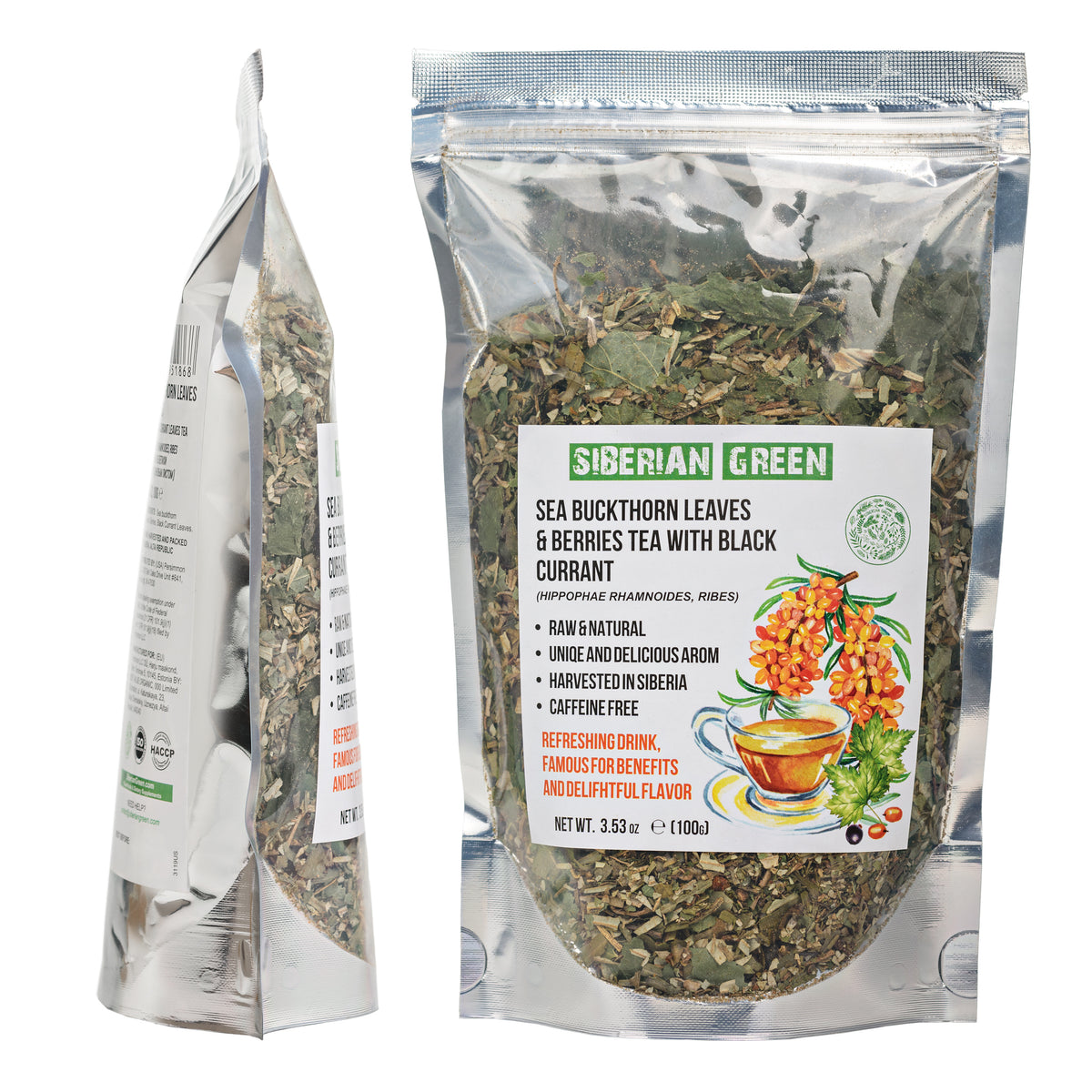 Thé vert sibérien à l'argousier et aux feuilles de cassis - 100g Mélange d'herbes séchées au soleil