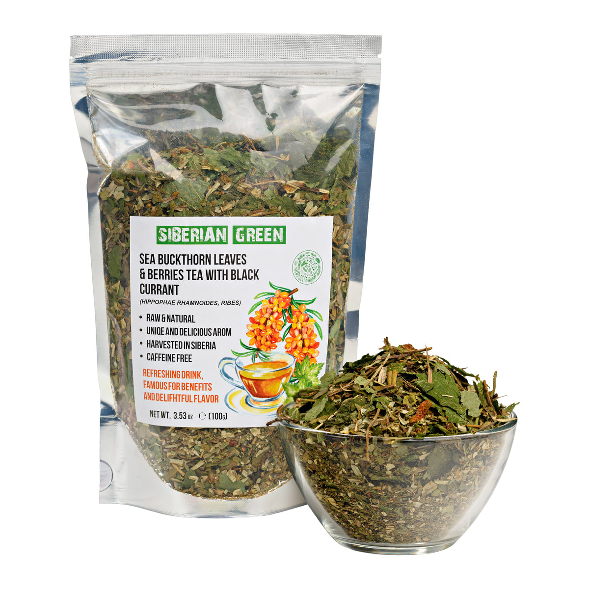 Thé vert sibérien à l'argousier et aux feuilles de cassis - 100g Mélange d'herbes séchées au soleil