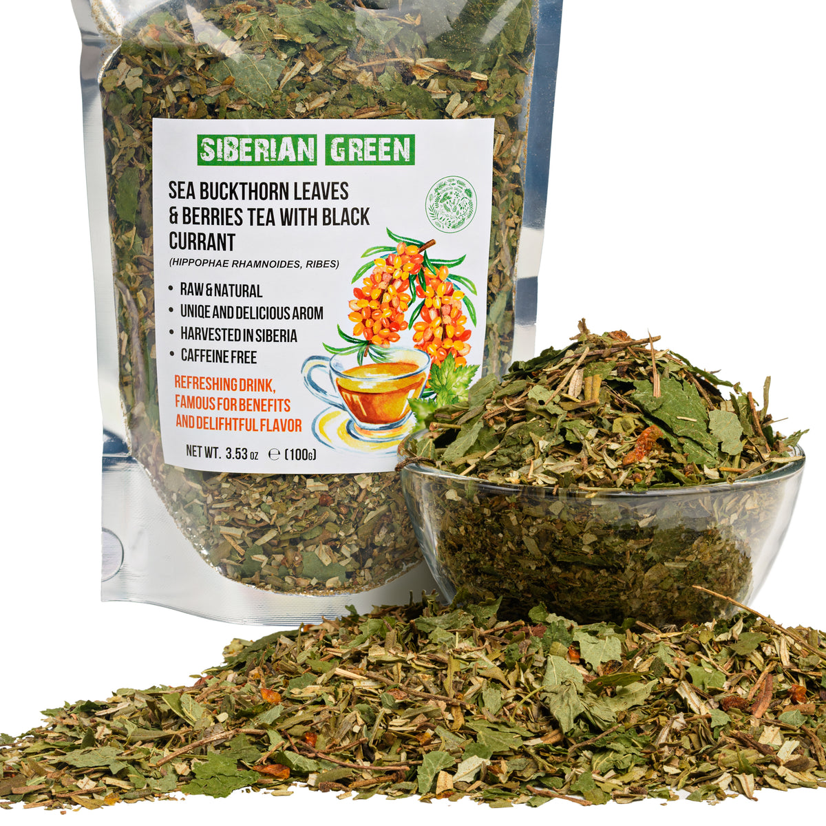Thé vert sibérien à l'argousier et aux feuilles de cassis - 100g Mélange d'herbes séchées au soleil
