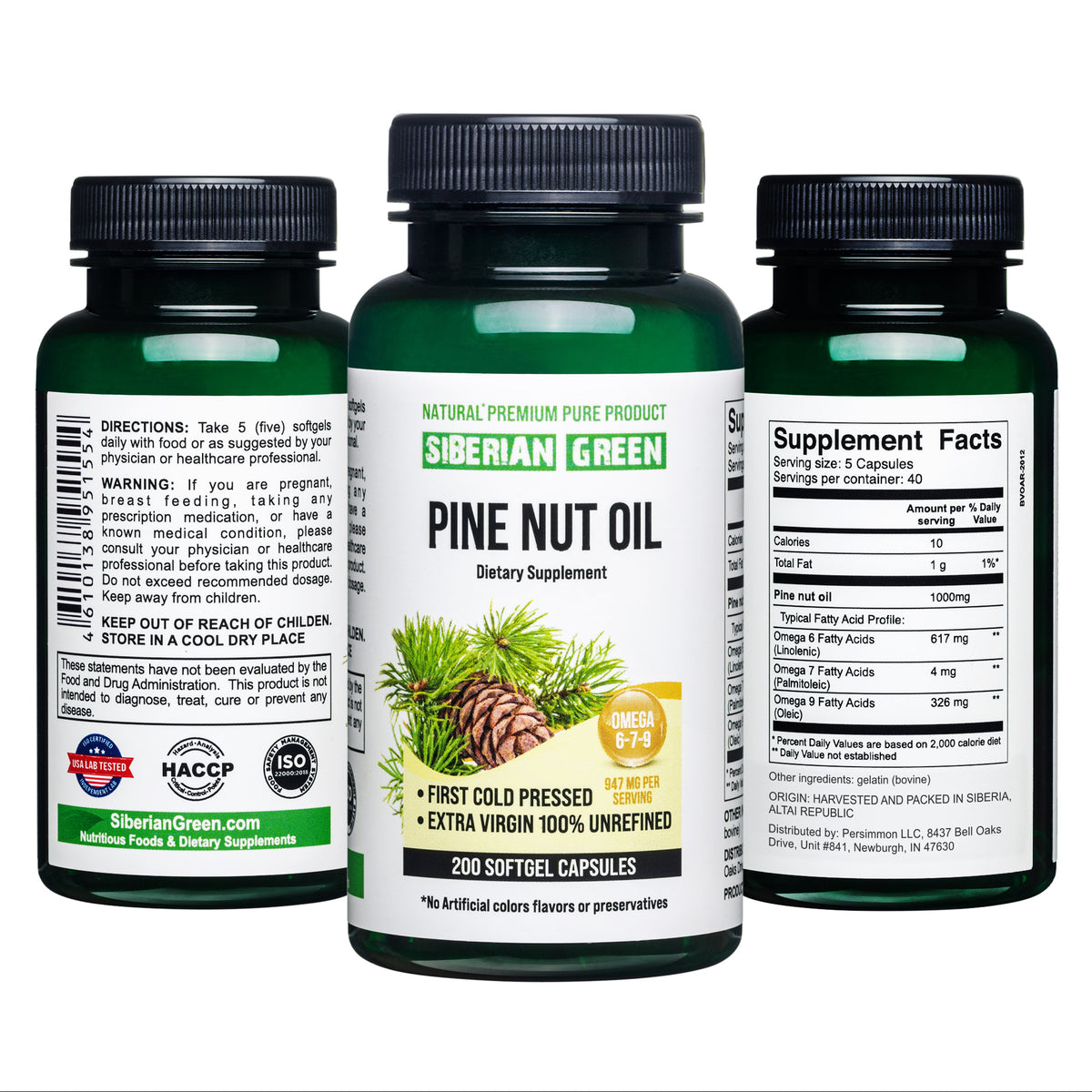 Siberian Pine Nut Oil Capsules - 200 Softgels | Récolté à l'état sauvage et pressé à froid