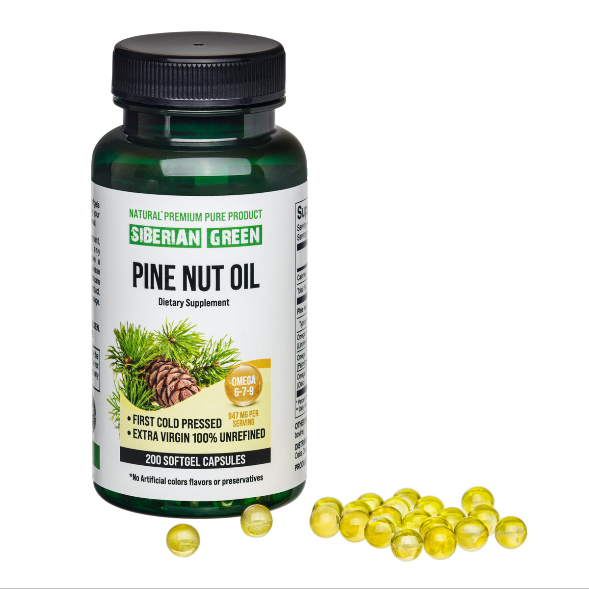Siberian Pine Nut Oil Capsules - 200 Softgels | Récolté à l'état sauvage et pressé à froid