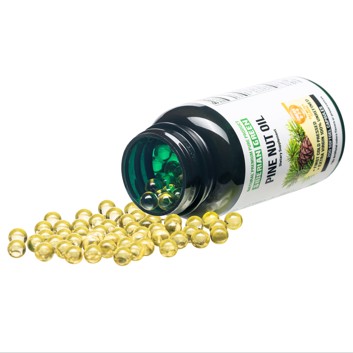 Siberian Pine Nut Oil Capsules - 200 Softgels | Récolté à l'état sauvage et pressé à froid