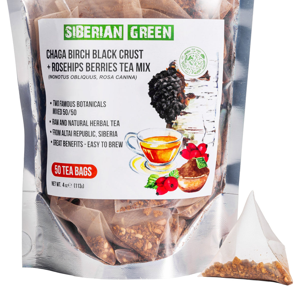 Thé vert de Chaga de Sibérie de première qualité avec de l'églantier dans un emballage respectueux de l'environnement