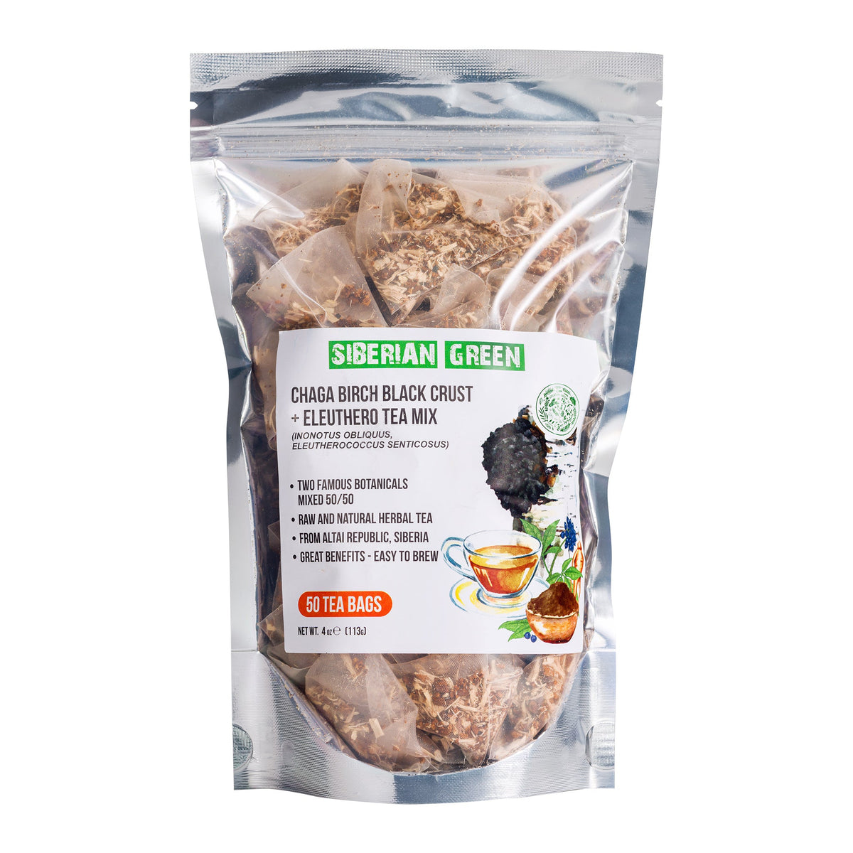 Contenu de la boîte de thé Chaga vert de Sibérie avec racine d'éleuthérocoque