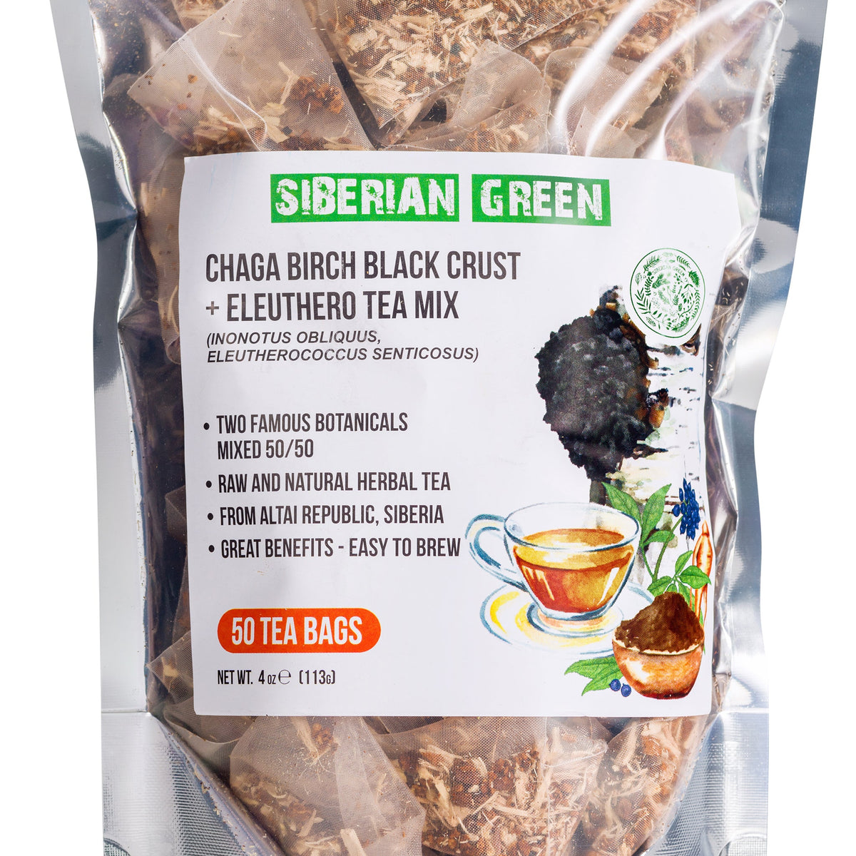 Gros plan sur les sachets de thé Chaga avec racine d'éleuthérocoque