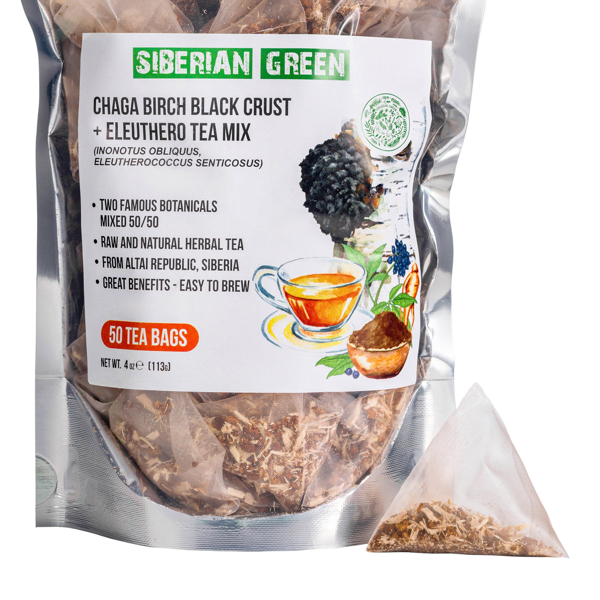Thé vert sibérien au chaga avec emballage de racine d'éleuthérocoque