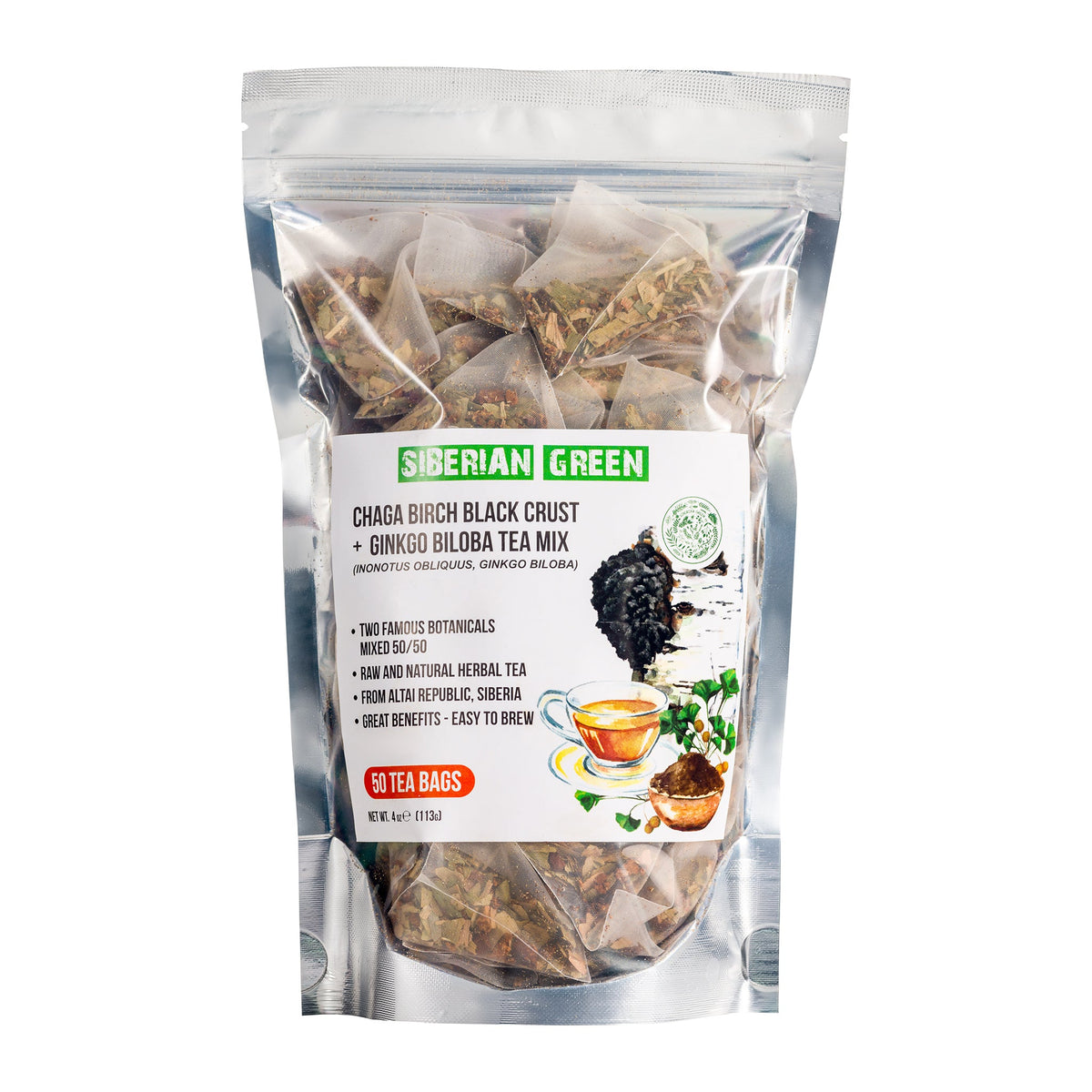Contenu de la boîte de thé vert Sibérien Ginkgo Biloba avec Chaga