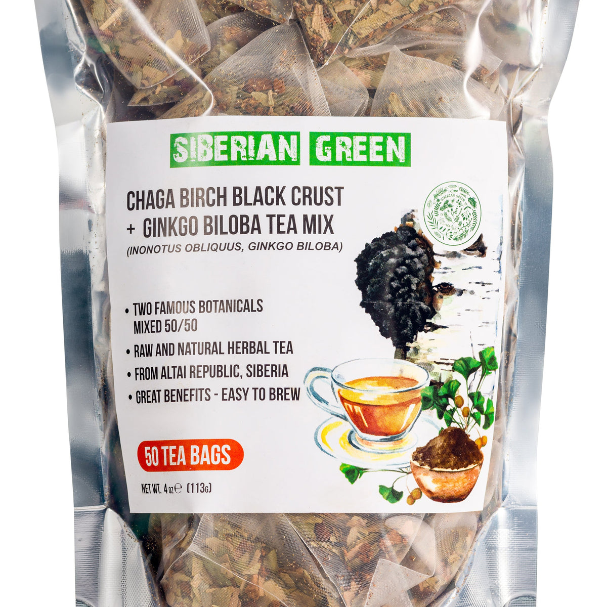 Gros plan sur les sachets de thé Ginkgo Biloba et Chaga