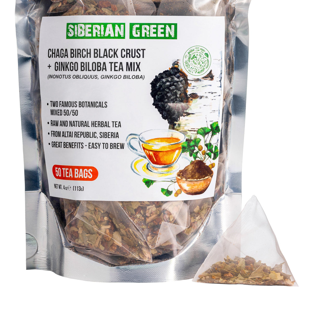Thé vert sibérien Ginkgo Biloba avec emballage Chaga