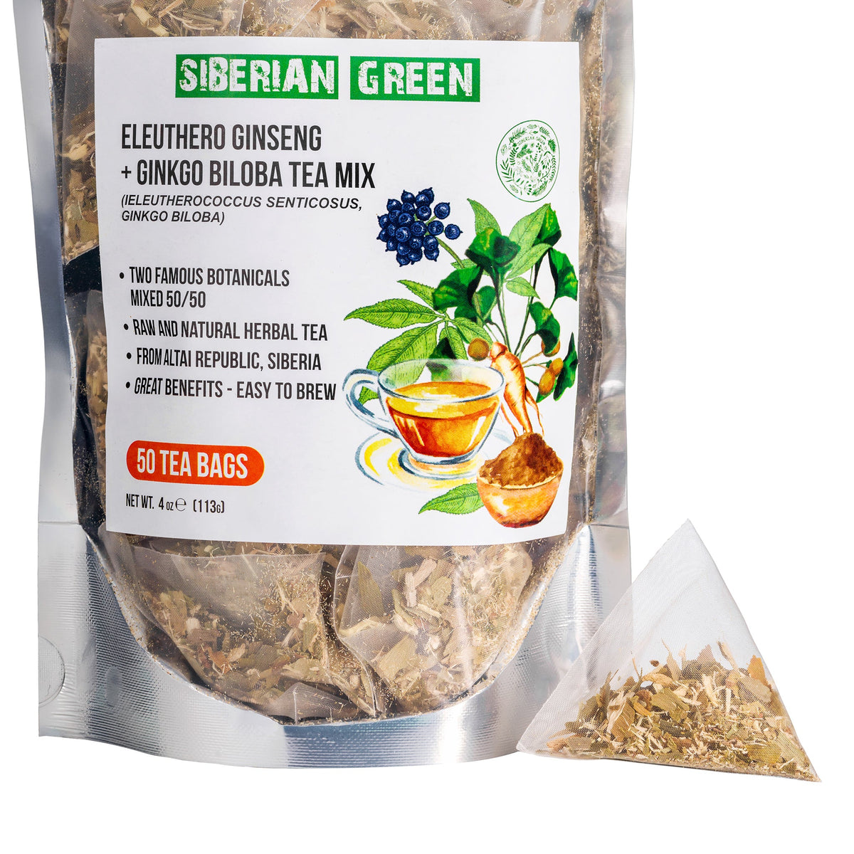 Thé vert sibérien au Ginkgo Biloba et à la racine d'éleuthérocoque - paquet de 50 sachets