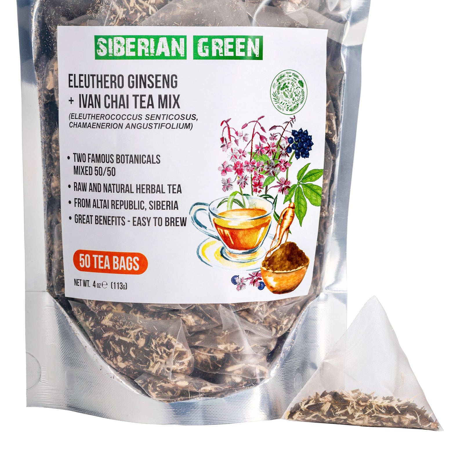Siberian Green Eleuthero Root & Ivan Tea - paquet de 50 sachets de thé
