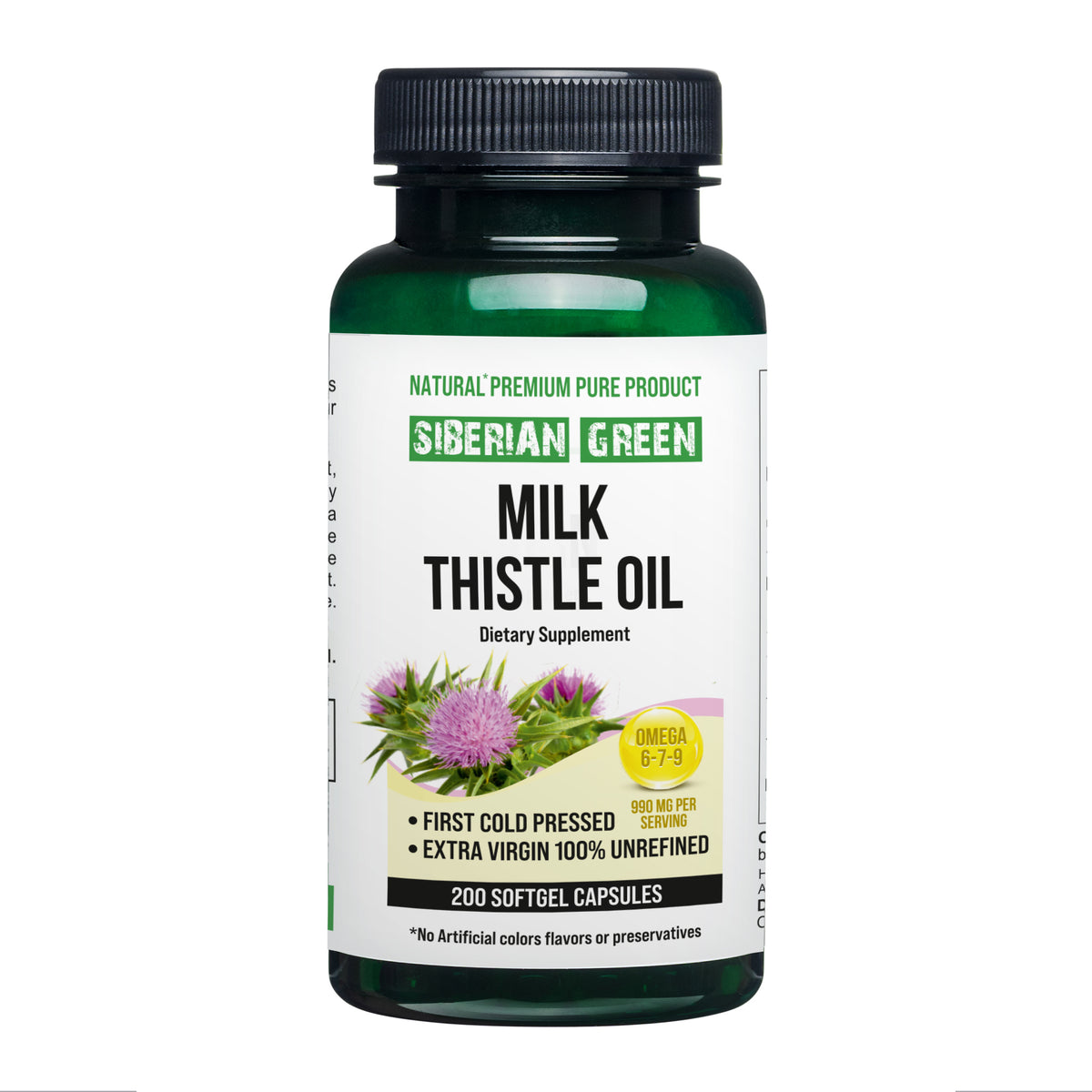 Siberian Green Milk Thistle Oil Capsules - 200 Softgels | Pressée à froid et non raffinée