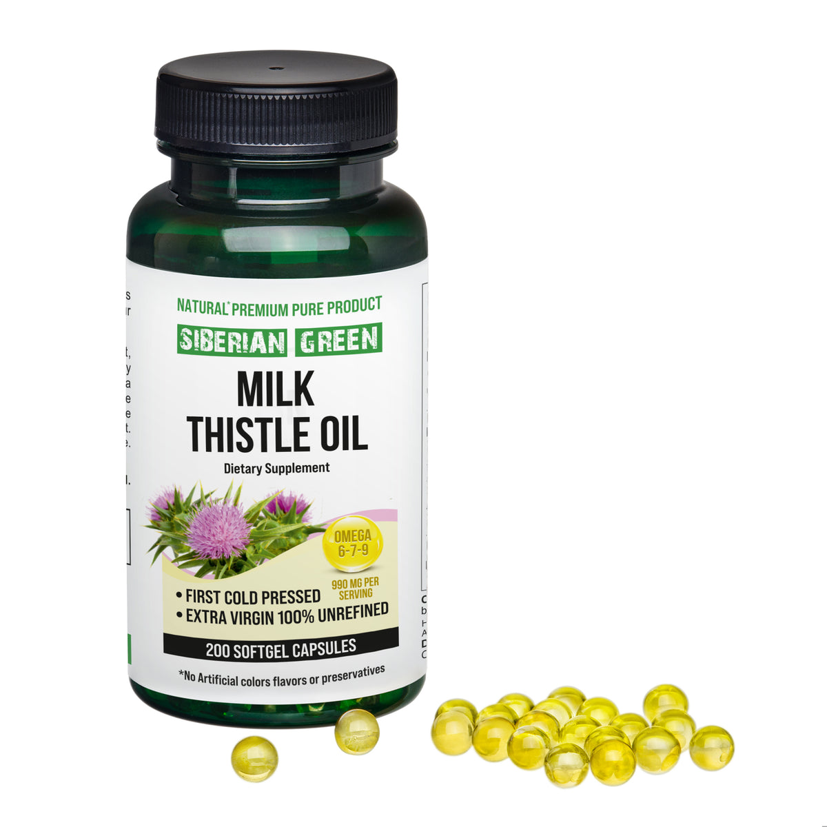 Siberian Green Milk Thistle Oil Capsules - 200 Softgels | Pressée à froid et non raffinée
