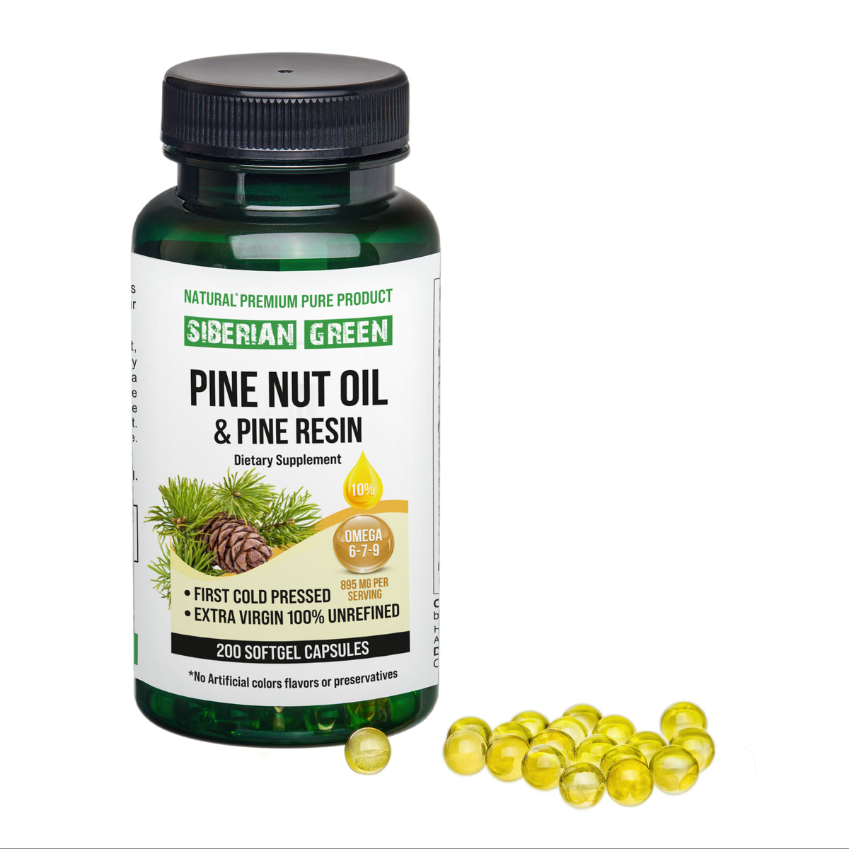 Capsules d'huile de noix de pin de Sibérie avec résine de pin - 200 capsules molles