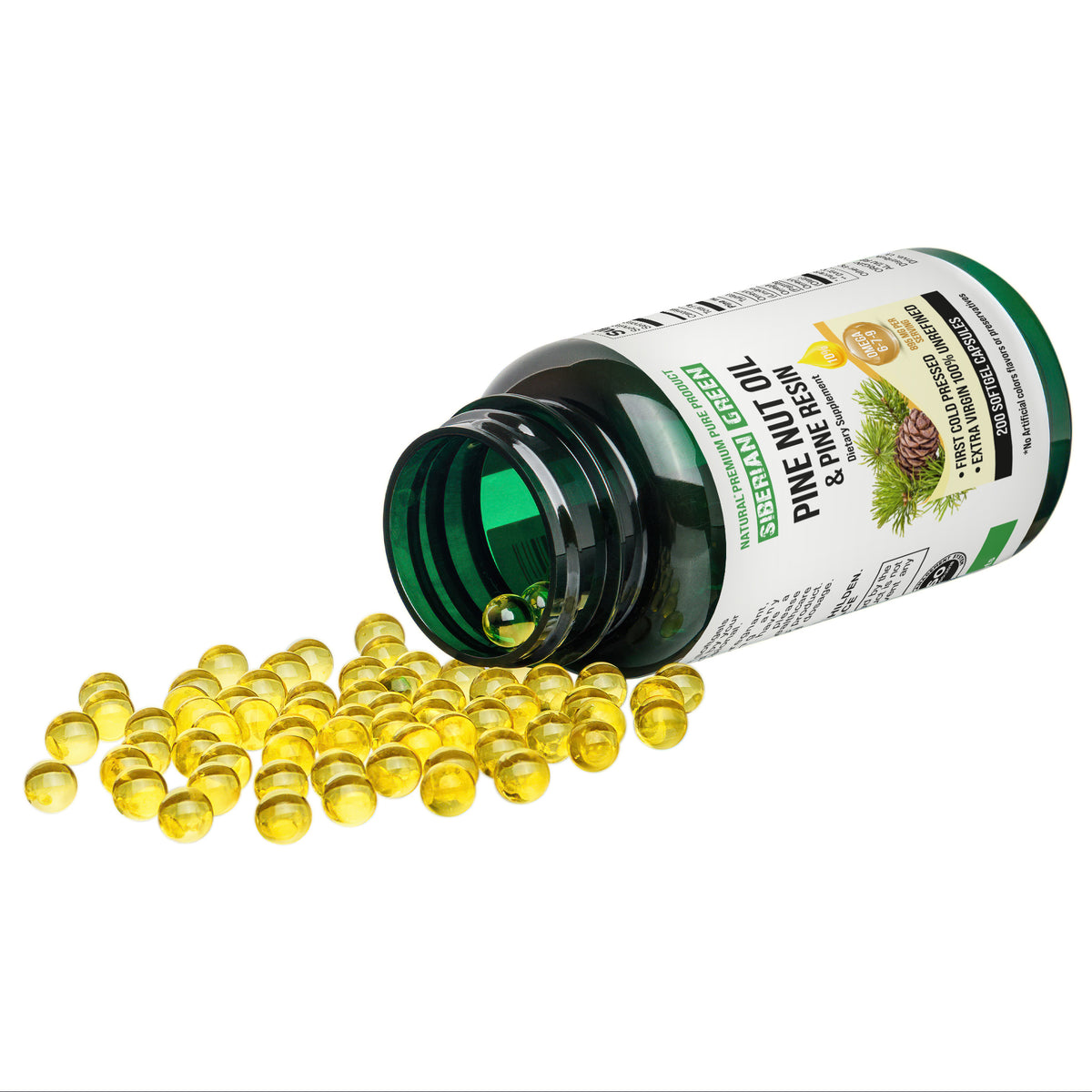 Capsules d'huile de noix de pin de Sibérie avec résine de pin - 200 capsules molles